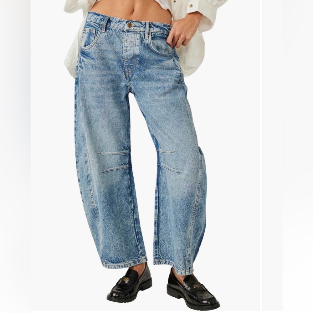Free People Good Luck Mid Rise Barrel Jeans in Ultra Light Beam